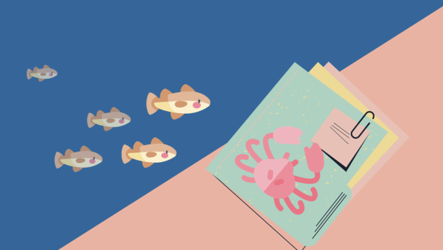 Illustrasjon i blått og rosa med snøkrabbe og torsk