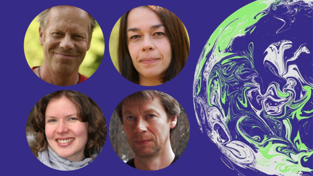COP26 logo med de fire FNI-forskerne intervjuet i saken i hver sin boble. Foto: Jan D. Sørensen/UN COP26