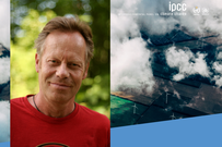 Jørgen Wettestad på klima-bakgrunn med flyfoto over dyrket mark med vindturbiner. Foto: FNI/IPCC/Teekay