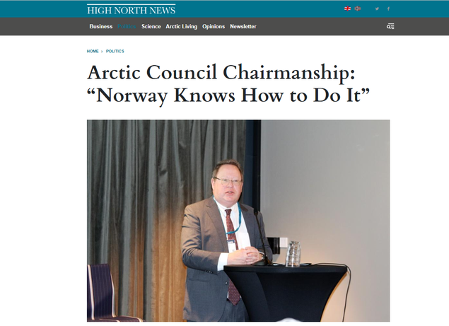 «Det finnes ikke noe arktisk råd uten Russland. Vi må avskaffe begrepet Arctic 7, var et av buskapene som ble fremmet under arrangementet "The Future of the Arctic Council". Faksimile High North News. 