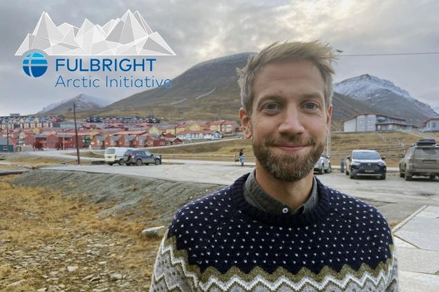Andreas Østhagen at Svalbard. Fulbright Arctic Initiative logo.