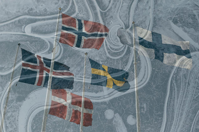 Nordic Flags on Icy Background. Photo: Katie Doherty on Unsplash/BlueSquareThing on Flickr